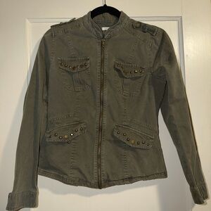 100% Cotton Utility Style Green Studded Moto Zip Up Lightweight Women's Jacket